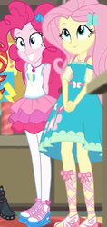 Size: 303x641 | Tagged: safe, screencap, fluttershy, pinkie pie, sunset shimmer, equestria girls, equestria girls specials, g4, my little pony equestria girls: better together, my little pony equestria girls: rollercoaster of friendship, clothes, cropped, cute, diapinkes, dress, female, geode of fauna, geode of sugar bombs, offscreen character, pantyhose, photo booth (song), sandals, shoes, shyabetes, skirt, smiling