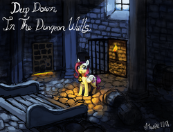 Size: 3950x3001 | Tagged: safe, artist:misstwipietwins, fluttershy, pegasus, pony, fanfic:deep down in the dungeon walls, g4, amnesia: the dark descent, blood, column, crossover, crying, dungeon, fanfic art, female, folded wings, high res, lantern, mare, mouth hold, solo, torch, wings