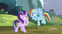Size: 1334x750 | Tagged: safe, screencap, rainbow dash, starlight glimmer, pegasus, pony, unicorn, g4, no second prances, discovery family logo, duo, female, flying, lidded eyes, looking at each other, mare, nervous, nervous smile, sheepish grin, spread wings, unimpressed, wings