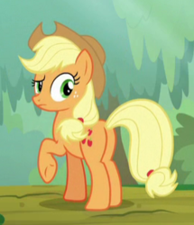 Size: 266x309 | Tagged: safe, screencap, applejack, earth pony, pony, g4, sounds of silence, butt, cropped, female, mare, plot, raised eyebrow, raised hoof, solo