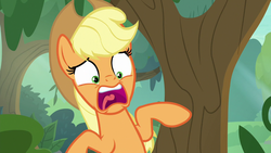 Size: 1280x720 | Tagged: safe, screencap, applejack, earth pony, pony, g4, sounds of silence, female, mare, open mouth, screaming, solo
