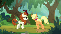 Size: 1280x720 | Tagged: safe, screencap, applejack, autumn blaze, earth pony, kirin, pony, g4, sounds of silence, angry, applejack's hat, cowboy hat, duo, female, frustrated, hat, lidded eyes, mare, stetson