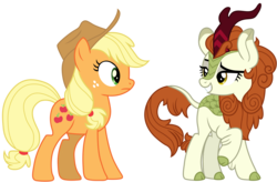 Size: 12374x8141 | Tagged: safe, artist:ejlightning007arts, applejack, autumn blaze, earth pony, kirin, pony, sounds of silence, absurd resolution, cloven hooves, context is for the weak, cowboy hat, duo, female, freckles, hat, lidded eyes, mare, raised hoof, simple background, smiling, stetson, transparent background, vector