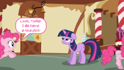 Size: 1600x900 | Tagged: safe, artist:pony-berserker, artist:quanno3, artist:thelastgherkin, artist:thorinair, pinkie pie, twilight sparkle, earth pony, pony, unicorn, g4, 2012, 2013, annoyed, butt, dialogue, duo, excited, female, floppy ears, frown, gimp, humor, indoors, joke, lidded eyes, mare, open mouth, pinkie being pinkie, plot, raised leg, rearing, speech bubble, standing, sugarcube corner, talking, unamused, vector, wide eyes