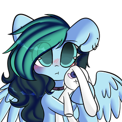 Size: 2000x2000 | Tagged: safe, artist:thieftea, oc, oc only, oc:liz, pegasus, pony, rabbit, :t, blushing, chibi, collar, cute, ear piercing, female, floppy ears, high res, mare, ocbetes, piercing, plushie, pouting, simple background, solo, weapons-grade cute, wings, ych result