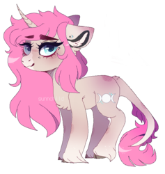 Size: 730x770 | Tagged: safe, artist:forestspirit, oc, oc only, oc:tarot, classical unicorn, pony, unicorn, blushing, cloven hooves, curved horn, digital art, ear piercing, female, floppy ears, freckles, horn, leonine tail, long mane, long tail, mare, palomino, piercing, pink mane, pixel art, simple background, smiling, solo, transparent background, unshorn fetlocks, ych result