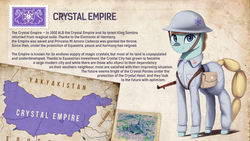 Size: 1920x1080 | Tagged: safe, artist:mrscroup, oc, oc only, crystal pony, pony, equestria at war mod, clothes, crystal empire, crystal empire flag, female, gun, hearts of iron 4, helmet, map, mare, rifle, saddle bag, soldier, solo, uniform, weapon