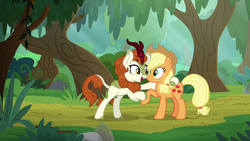 Size: 1280x720 | Tagged: safe, screencap, applejack, autumn blaze, earth pony, kirin, pony, g4, sounds of silence, duo, female, mare, raised hoof