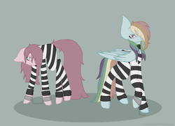 Size: 1024x743 | Tagged: safe, artist:deadlyartist979, pinkie pie, rainbow dash, g4, alternate universe, clothes, cuffs, duo, never doubt rainbowdash69's involvement, pinkamena diane pie, prison outfit, prison stripes, prisoner, prisoner pp, prisoner rd, sad, shackles