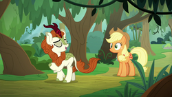 Size: 1280x720 | Tagged: safe, screencap, applejack, autumn blaze, earth pony, kirin, pony, g4, my little pony: friendship is magic, sounds of silence, duo, eyes closed, female, forest, mare, path