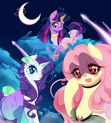 Size: 1700x1890 | Tagged: safe, artist:clefficia, fluttershy, rarity, twilight sparkle, alicorn, bat pony, pony, g4, clothes, costume, dress, eyeshadow, female, flutterbat, halloween, halloween costume, holiday, makeup, mare, mermarity, nightmare night, nightmare night costume, race swap, rarity's mermaid dress, twilight sparkle (alicorn)