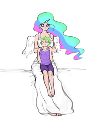 Size: 2480x3594 | Tagged: safe, artist:franschesco, princess celestia, spike, human, g4, barefoot, bed, breasts, busty princess celestia, cute, cutelestia, feet, high res, horn, horned humanization, human coloration, humanized, light skin, looking up, momlestia, spikabetes, winged humanization, wings