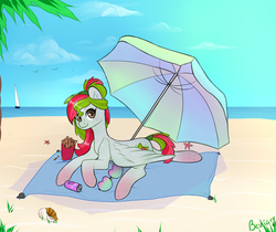 Size: 1995x1675 | Tagged: safe, artist:bestiary, oc, oc only, oc:watermelana, pegasus, pony, beach, beach umbrella, boat, female, food, freckles, french fries, gradient hooves, looking at you, mare, solo, sunbathing, sunglasses, towel