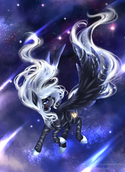 Size: 3000x4154 | Tagged: safe, artist:evanrank, oc, oc only, oc:star chaser, pegasus, pony, commission, female, large wings, looking back, looking up, shooting stars, solo, space, stars, wings