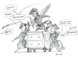 Size: 1400x1035 | Tagged: safe, artist:baron engel, apple bloom, scootaloo, sweetie belle, earth pony, pegasus, pony, unicorn, semi-anthro, g4, arm hooves, cart, cutie mark crusaders, dialogue, female, filly, flight attendant, grayscale, monochrome, pencil drawing, simple background, speech bubble, traditional art, trio, white background