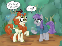 Size: 4737x3480 | Tagged: safe, artist:supersheep64, autumn blaze, maud pie, earth pony, kirin, pony, g4, sounds of silence, ..., dialogue, duo, female, funny, mare, raised hoof, silence