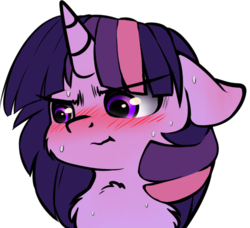 Size: 582x530 | Tagged: safe, artist:duop-qoub, twilight sparkle, alicorn, pony, descended twilight, g4, blushing, bust, chest fluff, female, floppy ears, looking away, mare, simple background, solo, sweat, twilight sparkle (alicorn), wavy mouth, white background