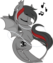 Size: 1024x1221 | Tagged: safe, artist:kellythedrawinguni, oc, oc only, oc:silhouette umbrawing, bat pony, pony, earbuds, female, mare, music notes, simple background, solo, transparent background