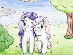 Size: 3216x2419 | Tagged: safe, artist:40kponyguy, derpibooru exclusive, rarity, sweetie belle, pony, unicorn, g4, cute, ear fluff, female, floppy ears, grass, high res, one eye closed, raised hoof, sisters, traditional art, tree