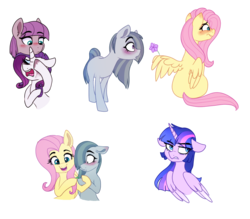 Size: 1230x1076 | Tagged: safe, artist:saphi-boo, fluttershy, marble pie, maud pie, rarity, twilight sparkle, alicorn, earth pony, pegasus, pony, unicorn, g4, blushing, crying, female, flower, lesbian, makeup, mare, marshmelodrama, running makeup, ship:marbleshy, ship:rarimaud, shipping, simple background, transparent background, twilight sparkle (alicorn), wing hold