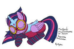 Size: 2653x1763 | Tagged: safe, artist:icicle-niceicle-1517, artist:thecloud96, color edit, edit, twilight sparkle, alicorn, pony, g4, clothes, colored, costume, eyes closed, female, goggles, mare, masked matter-horn costume, outfit, power ponies, signature, simple background, sleeping, socks, solo, striped socks, transparent background, twilight sparkle (alicorn)