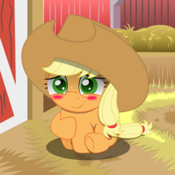 Size: 1500x1500 | Tagged: safe, artist:spellboundcanvas, applejack, earth pony, pony, g4, barn, blushing, cute, female, filly, filly applejack, freckles, hat, hay, jackabetes, smiling, solo, weapons-grade cute, younger