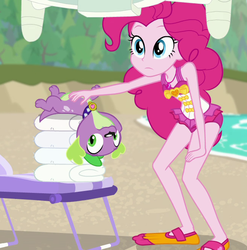 Size: 652x661 | Tagged: safe, screencap, pinkie pie, spike, spike the regular dog, dog, equestria girls, equestria girls specials, g4, my little pony equestria girls: better together, my little pony equestria girls: forgotten friendship, clothes, cropped, drone, female, geode of sugar bombs, legs, male, paws, pinkie pie swimsuit, swimsuit