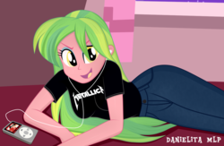 Size: 1024x667 | Tagged: safe, artist:danielitamlp, lemon zest, equestria girls, g4, my little pony equestria girls: friendship games, clothes, earbuds, female, heavy metal, ipod, jeans, looking at you, metallica, open mouth, pants, shirt, solo, t-shirt