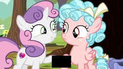 Size: 1280x720 | Tagged: safe, edit, edited screencap, screencap, cozy glow, sweetie belle, pegasus, pony, unicorn, g4, marks for effort, censored, cutie mark, duo, female, filly, holding hooves, the cmc's cutie marks, unnecessary censorship, very fucking necessary censorship