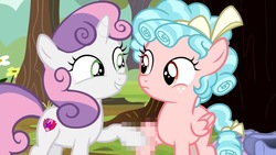 Size: 1152x648 | Tagged: safe, edit, edited screencap, screencap, cozy glow, sweetie belle, pegasus, pony, unicorn, g4, marks for effort, censored, cutie mark, duo, female, filly, holding hooves, mosaic censor, the cmc's cutie marks, unnecessary censorship, very fucking necessary censorship