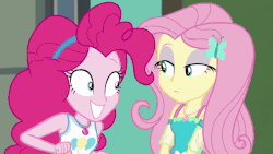 Size: 800x450 | Tagged: safe, screencap, fluttershy, pinkie pie, equestria girls, equestria girls series, forgotten friendship, g4, animated, clothes, disgusted, dress, eyeshadow, female, geode of fauna, geode of sugar bombs, grossed out, magical geodes, makeup, open mouth, out of context, smiling, talking, tongue out