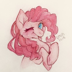 Size: 2568x2568 | Tagged: safe, artist:ectopi, pinkie pie, earth pony, pony, g4, female, high res, looking at you, mare, one eye closed, simple background, solo, tongue out, traditional art, white background, wink