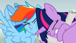 Size: 1920x1080 | Tagged: safe, screencap, rainbow dash, twilight sparkle, alicorn, pony, g4, the washouts (episode), duo, headbutt, poster, rainbow dash is best facemaker, this did not end well, this ended in pain, twilight sparkle (alicorn)