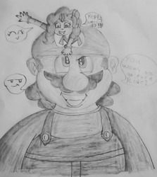 Size: 1080x1213 | Tagged: safe, pinkie pie, equestria girls, g4, crossover, crossover shipping, female, macro, male, mario, mariopie, micro, shipping, straight, super mario bros., traditional art