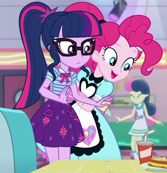 Size: 607x630 | Tagged: safe, screencap, pinkie pie, sci-twi, twilight sparkle, equestria girls, equestria girls series, g4, pinkie pie: snack psychic, background human, clothes, cropped, female, geode of telekinesis, glasses, jewelry, legs together, necklace, ponytail, sci-twi skirt, server pinkie pie, skirt, sweet snacks cafe