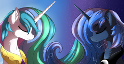 Size: 4000x2080 | Tagged: safe, artist:orangejuicerus, princess celestia, princess luna, pony, g4, day, duo, eyes closed, facing each other, female, mare, night, royal sisters