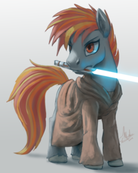 Size: 900x1125 | Tagged: safe, artist:grissaecrim, oc, oc only, oc:hugo drax, pony, cloak, clothes, commission, lightsaber, male, mouth hold, solo, stallion, star wars, weapon