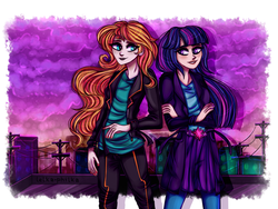 Size: 1152x864 | Tagged: safe, artist:lelka-philka, sunset shimmer, twilight sparkle, human, g4, city, clothes, crossed arms, cutie mark on clothes, female, human coloration, humanized, jacket, lesbian, looking at each other, pants, power line, rooftop, ship:sunsetsparkle, shipping, skirt