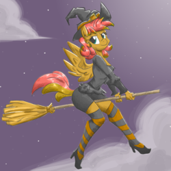 Size: 1200x1200 | Tagged: safe, artist:flutterthrash, oc, oc only, oc:aurie startrail, pegasus, anthro, anthro oc, broom, clothes, female, flying, flying broomstick, halloween, hat, high heels, holiday, shoes, smiling, socks, solo, stockings, striped socks, striped stockings, thigh highs, witch, witch hat