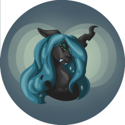 Size: 626x626 | Tagged: safe, artist:bunny-master, queen chrysalis, changeling, changeling queen, g4, bubble, bust, fangs, female, hair over one eye, lidded eyes, solo