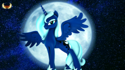 Size: 2981x1676 | Tagged: safe, artist:loveslove, princess luna, pony, g4, 3d, female, lidded eyes, moon, night, s1 luna, signature, smiling, solo, spread wings, stars, wings
