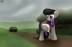 Size: 2691x1776 | Tagged: safe, artist:the-furry-railfan, octavia melody, earth pony, pony, g4, apc, clothes, cloud, cloudy, dirt road, female, inflatable, m113, overcast, paper, scarf, solo, story included, tank (vehicle), this will end in balloons, tree
