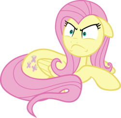 Size: 4500x4395 | Tagged: safe, artist:slb94, fluttershy, pegasus, pony, g4, absurd resolution, angry, ears back, female, fluttershy is best facemaker, frown, glare, mare, peeved, prone, simple background, solo, transparent background, vector, wide eyes