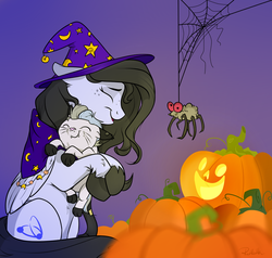 Size: 900x858 | Tagged: safe, artist:rutkotka, oc, oc only, oc:ground breaker, oc:tail, earth pony, pegasus, pony, animal costume, cat costume, clothes, commission, costume, female, halloween, holiday, male, mother and son, witch, ych result