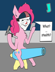 Size: 1324x1743 | Tagged: safe, artist:jenjan23all, pinkie pie, pony, g4, cannon, cellphone, comic, dallas, desert eagle, female, gun, mask, party cannon, payday, payday 2, payday the heist, phone, simple background, smartphone, solo, speech bubble, weapon