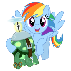 Size: 1600x1600 | Tagged: safe, artist:sazanamibd, rainbow dash, tank, pegasus, pony, tortoise, g4, tanks for the memories, carrying, duo, female, flying, i'll fly, male, mare, simple background, smiling, spread wings, transparent background, vector, wings