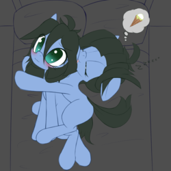 Size: 1280x1280 | Tagged: dead source, safe, artist:an-m, oc, oc only, oc:abstract module, oc:reflect decrypt, earth pony, pony, 3:, :p, bed, blushing, dream, female, floppy ears, food, hug, ice cream, ice cream cone, licking, mare, mlem, on side, pony oc, scrunchy face, silly, sleeping, smiling, thought bubble, tongue out, twins, wavy mouth, wide eyes, zzz