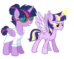 Size: 1800x1440 | Tagged: safe, artist:thecheeseburger, sci-twi, twilight sparkle, oc, alicorn, pony, g4, alicorn oc, alternate universe, amputee, augmented, broken horn, clothes, female, goggles, hair bun, horn, lab coat, mad scientist, magic, male, mare, prosthetic limb, prosthetic wing, prosthetics, sci-twilicorn, simple background, stallion, transparent background, twilight sparkle (alicorn), yellow eyes