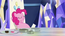 Size: 1024x576 | Tagged: safe, artist:jamesawilliams1996, edit, edited screencap, screencap, pinkie pie, earth pony, pony, father knows beast, g4, arm behind head, belly, big belly, crumbs, eating, eyes closed, fat, fat edit, female, food, food baby, friendship throne, frosting, huge belly, leaning back, mare, obese, pie tin, piggy pie, pudgy pie, relaxing, smiling, solo, stuffed, stuffing, throne, throne room, twilight's castle
