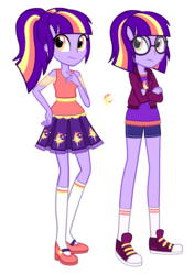 Size: 1872x2664 | Tagged: safe, artist:thecheeseburger, oc, oc only, oc:sundown twinkle, equestria girls, g4, alternate universe, clothes, converse, female, glasses, orange eyes, ponytail, purple hair, shoes, simple background, transparent background